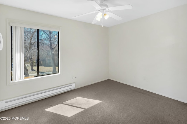 spare room with ceiling fan, baseboards, carpet, and a baseboard radiator