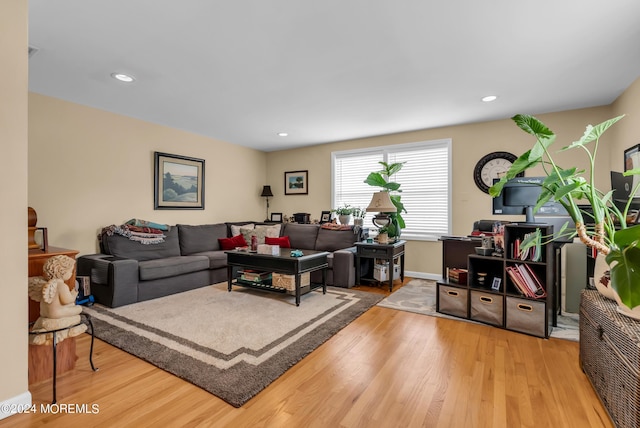 living area featuring baseboards, wood finished floors, and recessed lighting