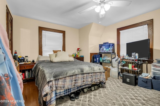 bedroom with a ceiling fan and wood finished floors