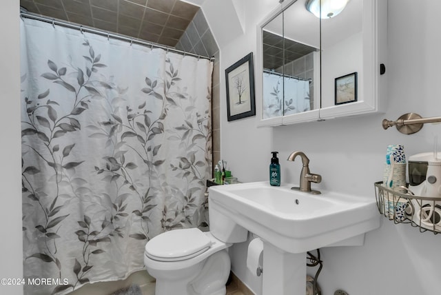 full bath featuring toilet and a shower with curtain