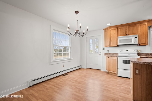 kitchen featuring a notable chandelier, white appliances, baseboards, light wood-style floors, and baseboard heating