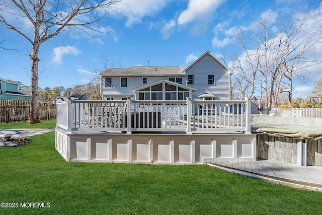 back of property featuring a deck and fence