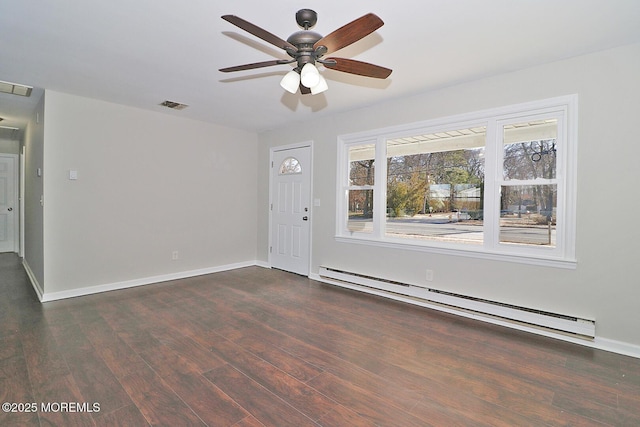 interior space with a baseboard heating unit, visible vents, baseboards, and dark wood-style floors