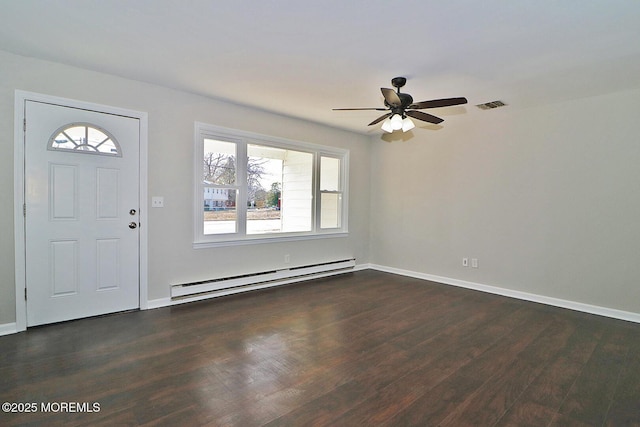 foyer entrance with dark wood-type flooring, a baseboard radiator, visible vents, and baseboards