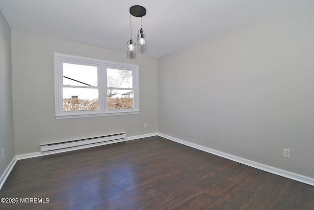 empty room featuring dark wood-type flooring, baseboards, and baseboard heating