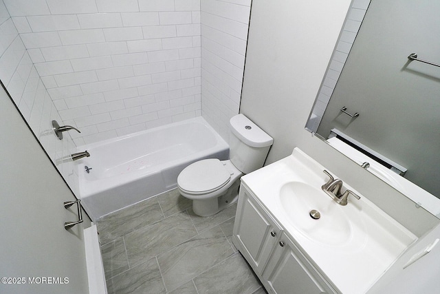 full bathroom with marble finish floor,  shower combination, vanity, and toilet