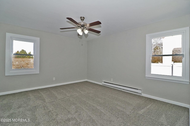 unfurnished room with a baseboard radiator, dark carpet, and a wealth of natural light