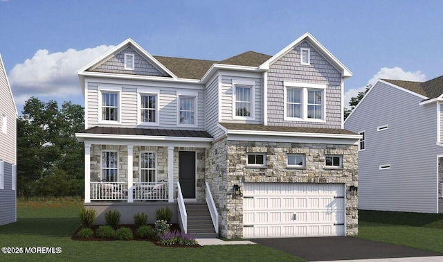 view of front of home featuring covered porch, an attached garage, a standing seam roof, stone siding, and driveway