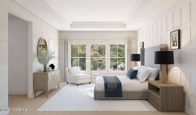 bedroom featuring ornamental molding, a raised ceiling, and light carpet