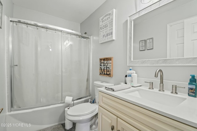 bathroom with toilet, shower / bath combo, and vanity