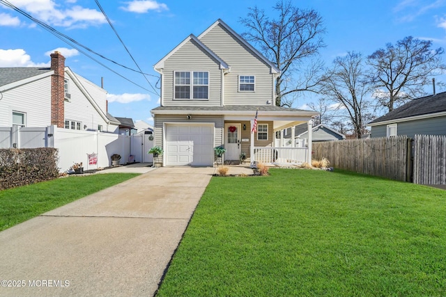 traditional home with driveway, a garage, covered porch, fence, and a front lawn