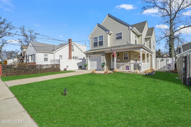 view of front of house with a front yard, covered porch, fence, and an attached garage