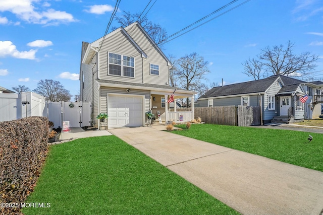 traditional-style house with an attached garage, fence, driveway, a gate, and a front yard