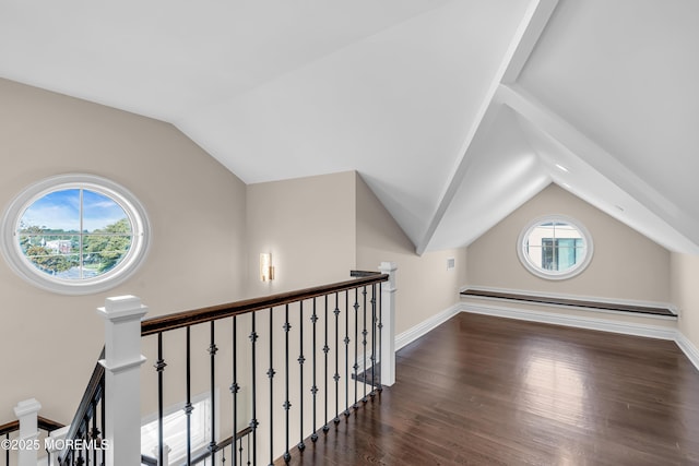 additional living space featuring baseboards, wood finished floors, and vaulted ceiling