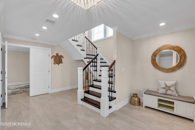 stairway featuring crown molding, recessed lighting, baseboards, and visible vents