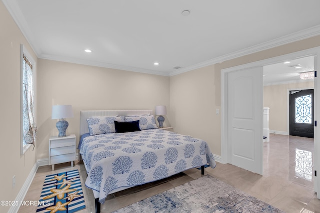 bedroom with recessed lighting, baseboards, and ornamental molding