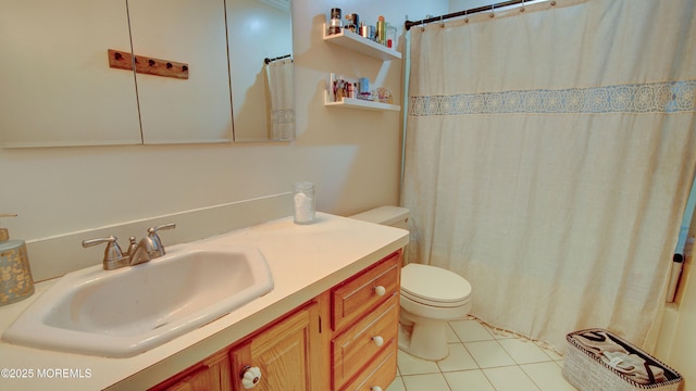 full bathroom with toilet, tile patterned floors, a shower with curtain, and vanity