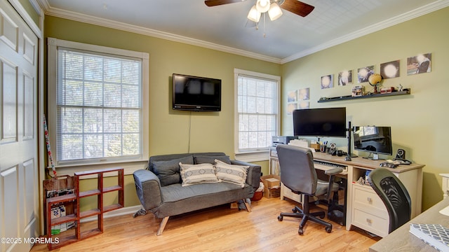 home office with wood finished floors, a ceiling fan, and crown molding