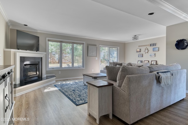 living room with a glass covered fireplace, baseboards, wood finished floors, and ornamental molding