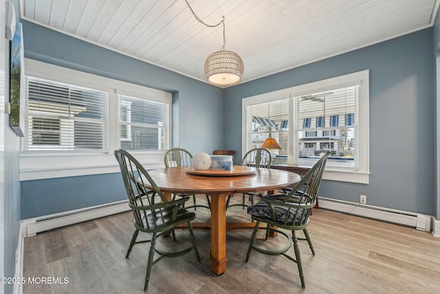 dining space with a baseboard heating unit, wooden ceiling, and wood finished floors