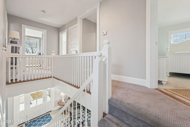 staircase featuring carpet, wainscoting, and baseboards