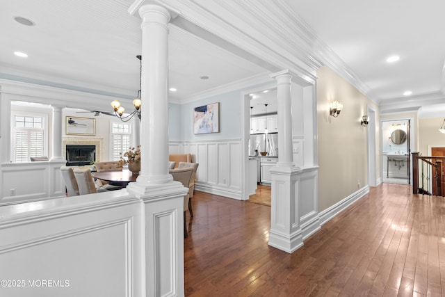 18 Riverdale Ave, Monmouth Beach, NJ 07750 - hall featuring a decorative wall, decorative columns, wainscoting, hardwood / wood-style flooring, and recessed lighting