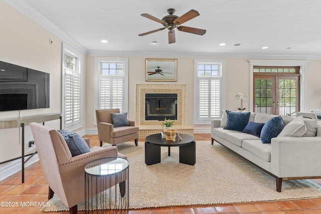 18 Riverdale Ave, Monmouth Beach, NJ 07750 - tiled living area featuring a fireplace with raised hearth, ornamental molding, ceiling fan, recessed lighting, and baseboards