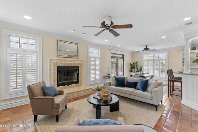 18 Riverdale Ave, Monmouth Beach, NJ 07750 - tiled living area featuring ornamental molding, a ceiling fan, recessed lighting, and a fireplace