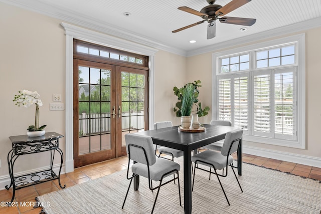 18 Riverdale Ave, Monmouth Beach, NJ 07750 - dining area with french doors, ornamental molding, light tile patterned flooring, ceiling fan, and baseboards