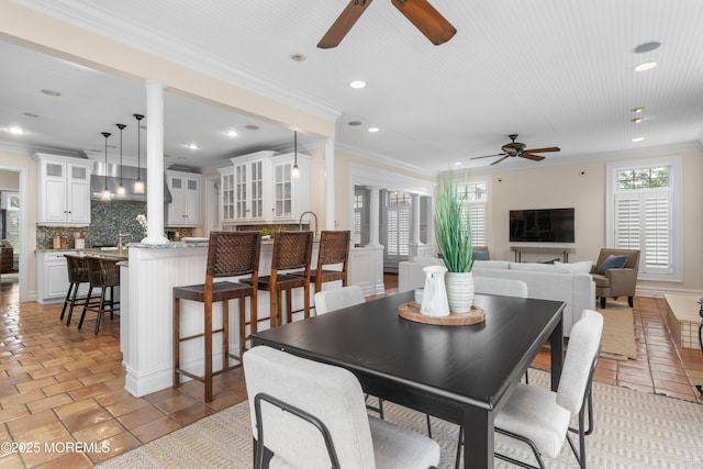 18 Riverdale Ave, Monmouth Beach, NJ 07750 - dining room with a ceiling fan, ornate columns, ornamental molding, and recessed lighting
