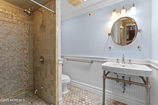 18 Riverdale Ave, Monmouth Beach, NJ 07750 - full bathroom with toilet, a shower stall, crown molding, and wainscoting