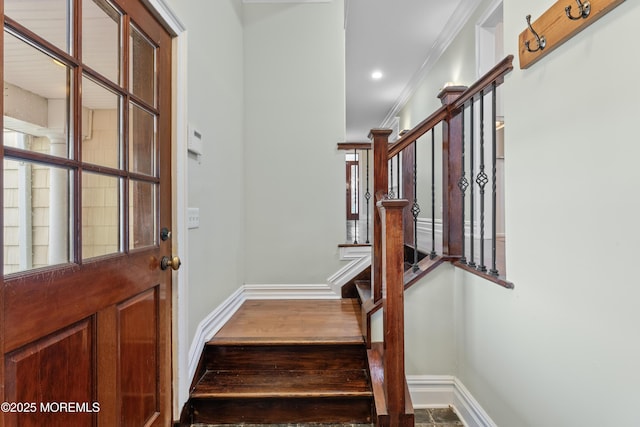 18 Riverdale Ave, Monmouth Beach, NJ 07750 - foyer with baseboards, stairway, crown molding, and recessed lighting