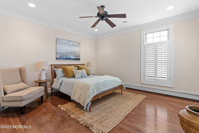 18 Riverdale Ave, Monmouth Beach, NJ 07750 - bedroom featuring a baseboard heating unit, crown molding, wood finished floors, recessed lighting, and a ceiling fan