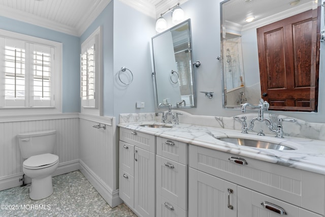 18 Riverdale Ave, Monmouth Beach, NJ 07750 - full bath with wainscoting, toilet, double vanity, crown molding, and a shower