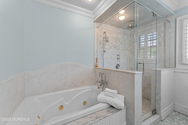 18 Riverdale Ave, Monmouth Beach, NJ 07750 - bathroom with a tub with jets, a stall shower, and crown molding