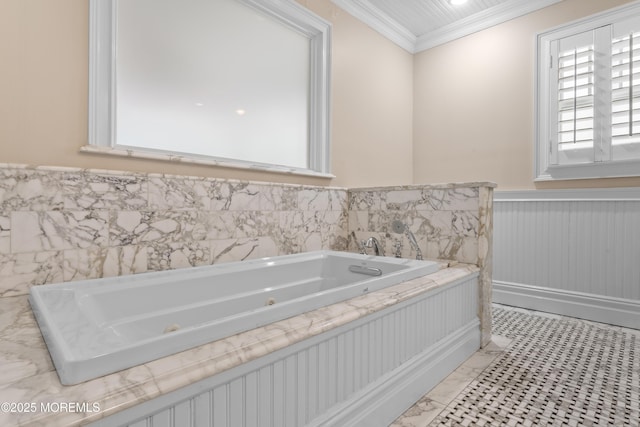 18 Riverdale Ave, Monmouth Beach, NJ 07750 - full bath featuring a wainscoted wall, marble look tiles, a tub with jets, and crown molding