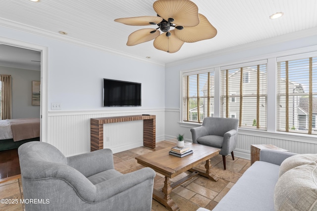 18 Riverdale Ave, Monmouth Beach, NJ 07750 - living area featuring stone tile flooring, wainscoting, crown molding, a ceiling fan, and recessed lighting