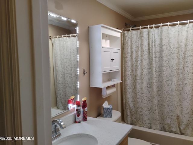 bathroom with ornamental molding, shower / bathtub combination with curtain, vanity, and toilet