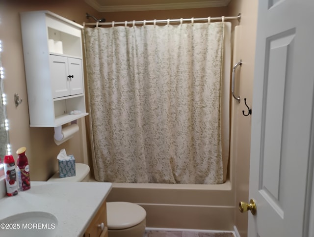 bathroom featuring ornamental molding, vanity, toilet, and shower / bathtub combination with curtain