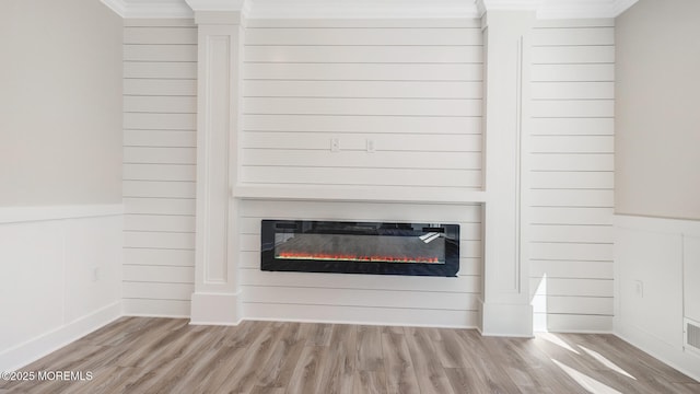 details featuring ornamental molding, wood finished floors, and a glass covered fireplace