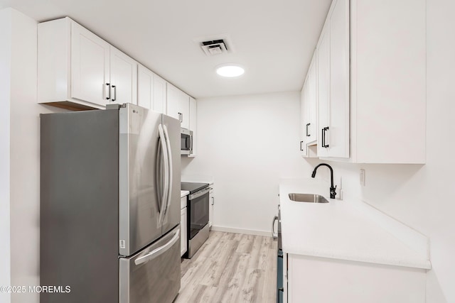 kitchen with stainless steel appliances, light countertops, visible vents, white cabinets, and a sink