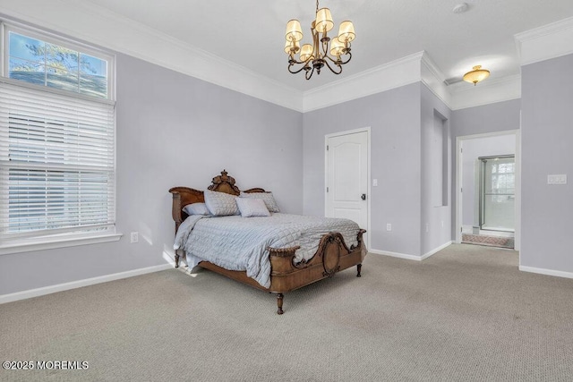 bedroom featuring a notable chandelier, ornamental molding, carpet flooring, and baseboards