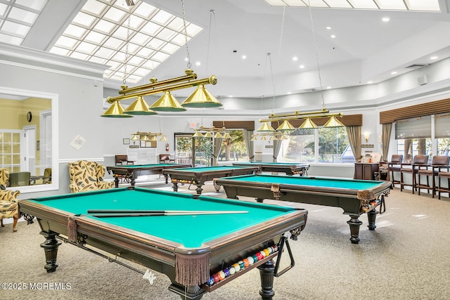 recreation room featuring carpet, recessed lighting, pool table, visible vents, and high vaulted ceiling