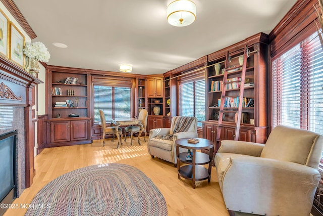 living area featuring light wood-type flooring and a premium fireplace