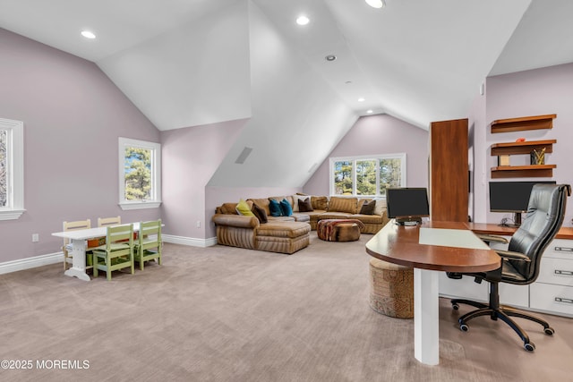 carpeted office space featuring recessed lighting, baseboards, and lofted ceiling