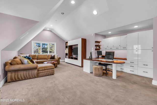 living room featuring recessed lighting, baseboards, lofted ceiling, and light colored carpet