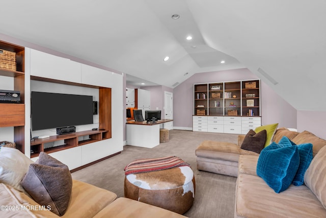 carpeted living area with recessed lighting, baseboards, and lofted ceiling