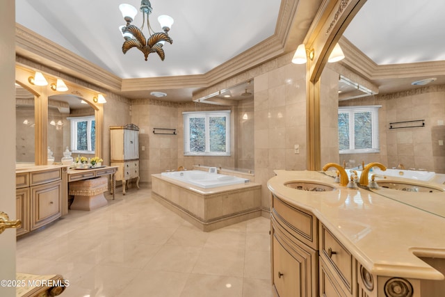 bathroom with tile walls, a bath, a healthy amount of sunlight, and tile patterned floors