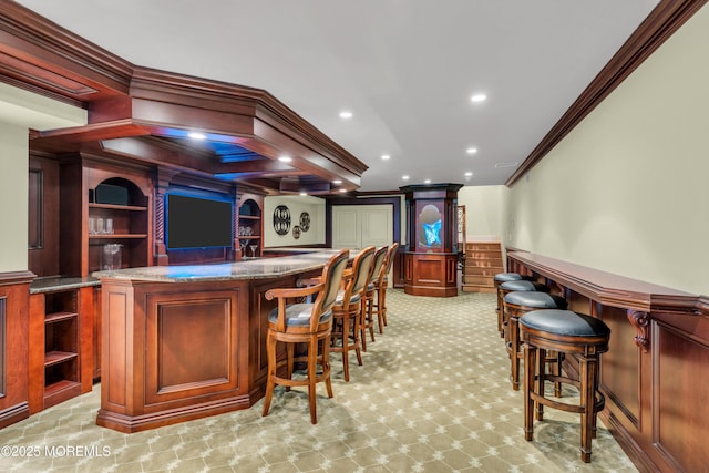 bar with a bar, stairway, recessed lighting, and ornamental molding