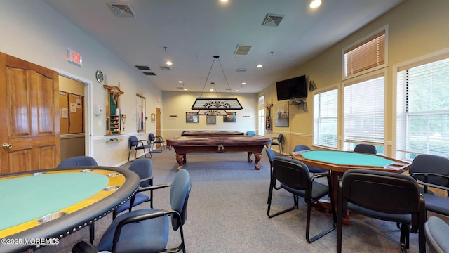 recreation room featuring pool table, visible vents, carpet, and recessed lighting